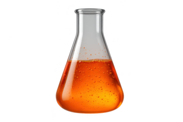 Isolated transparent Erlenmeyer flask with orange bubbling liquid inside.