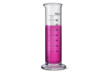 Graduated cylinder with pink liquid, isolated on transparent background, science.
