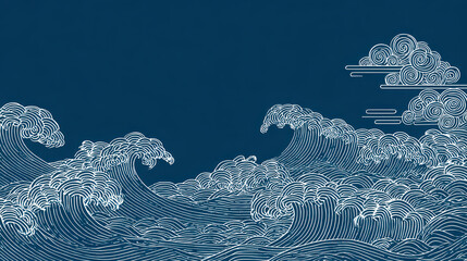 Japanese traditional watercolor pattern with ocean wave and cloud