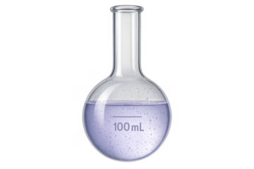 Scientific laboratory flask with purple liquid, isolated on transparent background