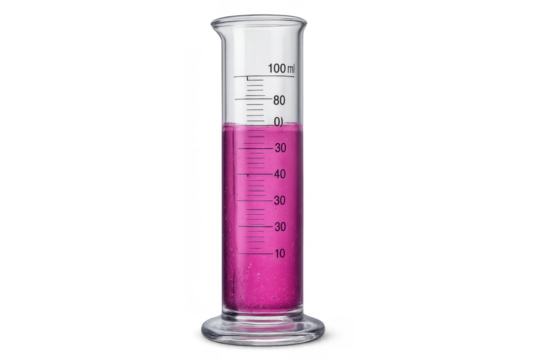 Graduated cylinder with pink liquid, isolated on transparent background, science.