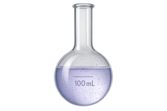 Scientific laboratory flask with purple liquid, isolated on transparent background