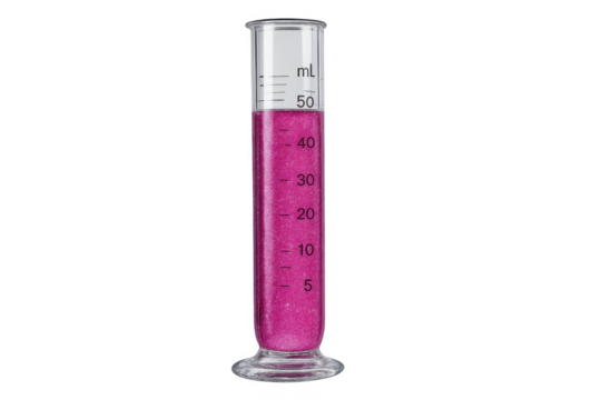 Graduated cylinder with pink liquid isolated on transparent background.