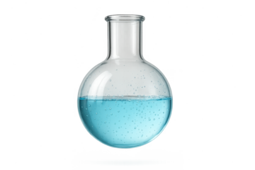 Scientific round-bottom flask, blue liquid, transparent background
