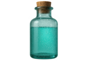 Aqua liquid in glass bottle with cork, isolated on transparent background.