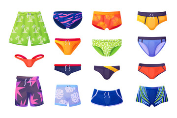 Swimming trunks. Men swimwear, male underpants swimming pool sea summer beach vacation travel swim underwear hawaii surf shorts boxer pants briefs set swanky vector illustration