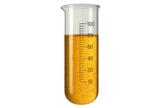 Golden liquid in a measuring beaker, isolated on transparent background