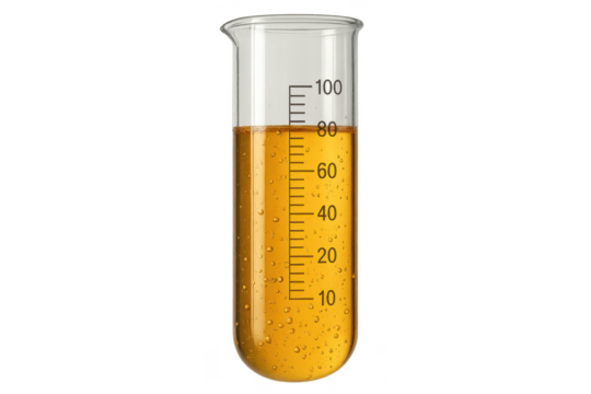 Golden liquid in a measuring beaker, isolated on transparent background