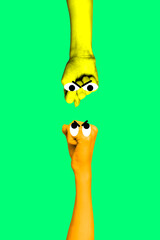 3d pop image vertical art collage of human hands show fist gesture boom cooperation friends fight...