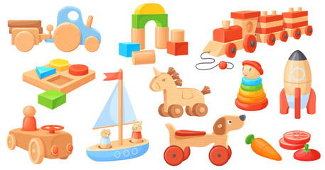 Cartoon wooden toys. Children wood toy, montessori puzzle game kindergarten workshop preschool baby playing vintage old toys set model elements kids car neat vector illustration