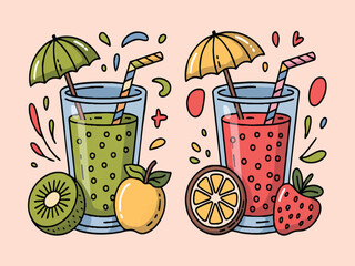 Green and red juices with fruits and umbrellas kiwi