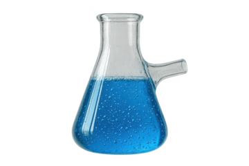 Erlenmeyer flask with blue bubbling liquid, isolated on transparent background