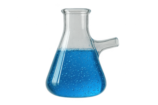 Erlenmeyer flask with blue bubbling liquid, isolated on transparent background - Powered by Adobe