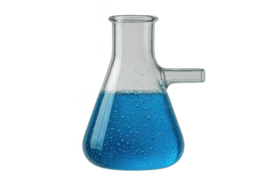 Kitasato flask with blue bubbling liquid isolated on transparent background.