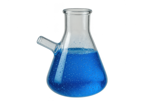 Laboratory Kitasato flask with blue liquid, isolated on transparent background