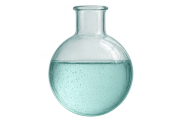 Glass round-bottom flask with blue bubbling liquid isolated on transparent background