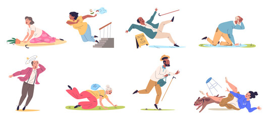 Falling old people. Senior person fall down accident, elderly woman injury elder slip stumble injured man with dizzy grandfather grandma fracture risk, classy vector illustration