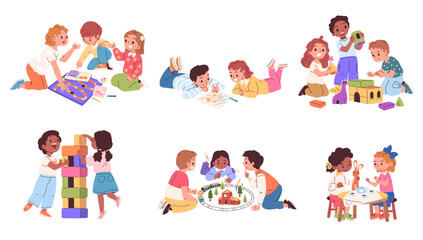 Children playing toys together. Kid play toy indoor kindergarten or home room, preschool baby child table game boy girl playroom activity cartoon toddler classy vector illustration