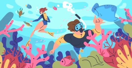 Fototapeten Türkis People snorkeling. Couple snorkel, man woman diving sea underwater nature landscape scuba divers dive under water snorkling deep fish reef swim mask, classy vector illustration  © ssstocker