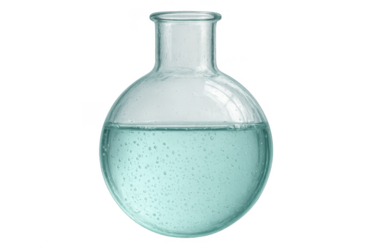 Glass round-bottom flask with blue bubbling liquid isolated on transparent background