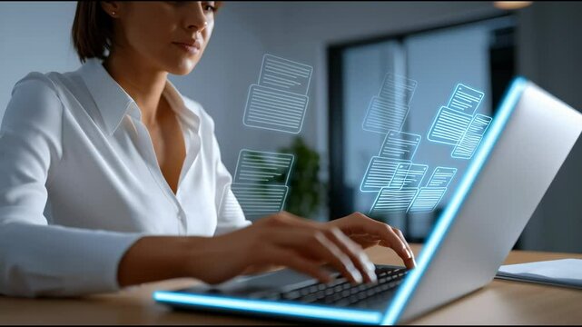 Working on a laptop with documents and data being processed at a home office
