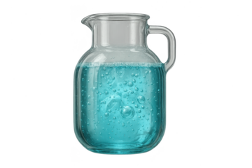 Clear glass pitcher with blue liquid, isolated on transparent background.