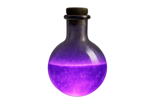Enchanted glowing purple potion bottle isolated on transparent background