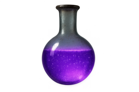 Magical purple liquid potion in a glass flask, isolated on transparent background