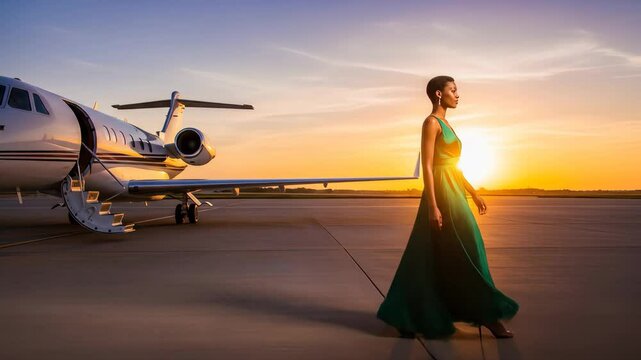 Woman in Emerald Gown Walking Towards Private Jet at Sunset