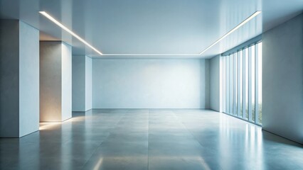 Fototapeta premium Modern minimalist empty room with large window and polished floor, ideal for showcasing products or design concepts