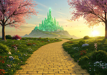 A Yellow Brick Road Leading to a Magical Emerald City in a Fantasy Landscape