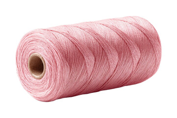 A pink yarn is rolled up on a white background