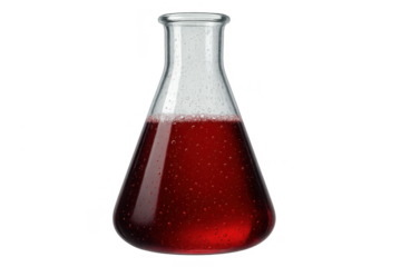 Erlenmeyer flask with bubbling red liquid isolated on transparent background
