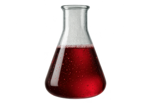 Erlenmeyer flask with vibrant red liquid and bubbles, isolated on transparent background