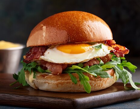 breakfast burger with egg bacon and arugula