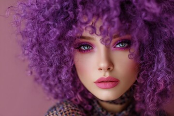 Fototapeta premium Sensational Woman With Vibrant Purple Curly Hair and Bold Makeup