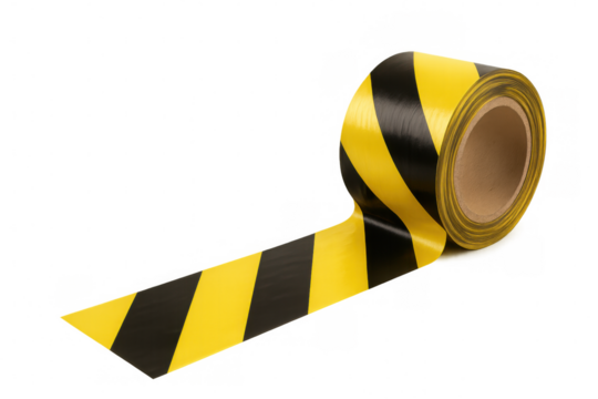 Yellow and black striped caution tape unrolling from a roll, creating a diagonal line against a transparent background