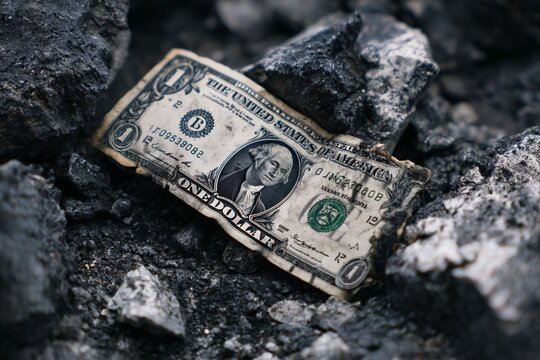 A damaged dollar bill rests amidst a charred and white backdrop , symbolizing financial struggle .
