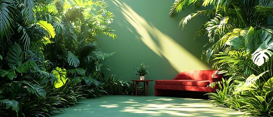 Lush Indoor Jungle with Cozy Red Sofa and Green Wall Backdrop