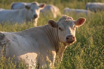 A white cow stands in tall grass during golden hour, facing the camera with calm curiosity. Other...