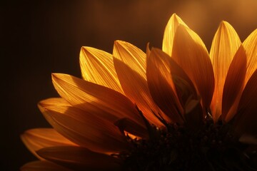 Golden sunflower petals illuminated by warm sunset light