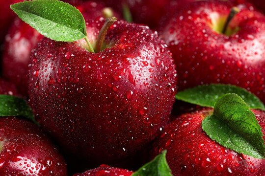 Close-up of fresh red apples with water droplets and green leaves