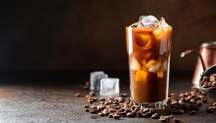 Fototapeta premium iced coffee in a tall glass with ice and coffee beans