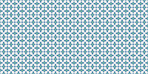 Seamless Geometric Floral Tile Pattern with Petal Shapes . Modern contemporary geometric shape design. Digital architectural material and texture resource. Blue green cream 042