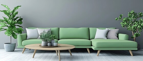 Modern Green Sofa with Plants in Contemporary Living Room Setting