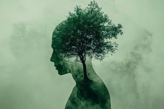 tree growing inside transparent human concept of internal growth green tones sharp contrast clean minimal background
