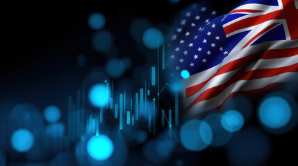 United States and United Kingdom flags with abstract financial graph and blue bokeh lights