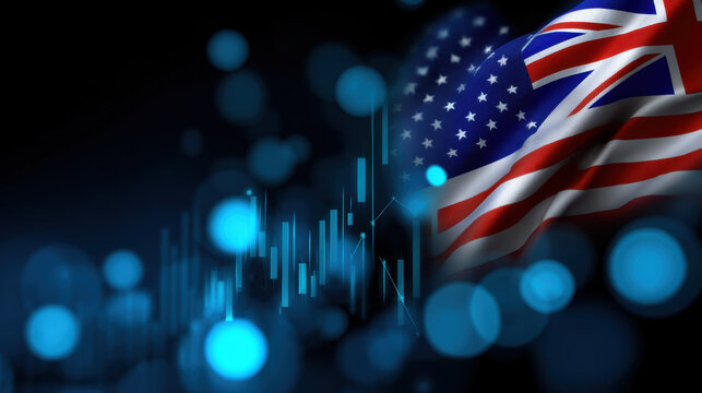 United States and United Kingdom flags with abstract financial graph and blue bokeh lights