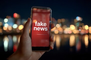 A person is holding a cell phone that says Fake News. The image has a mood of skepticism and distrust towards the news