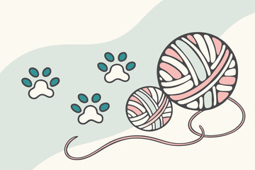 Charming watercolor paw prints and yarn balls illustration